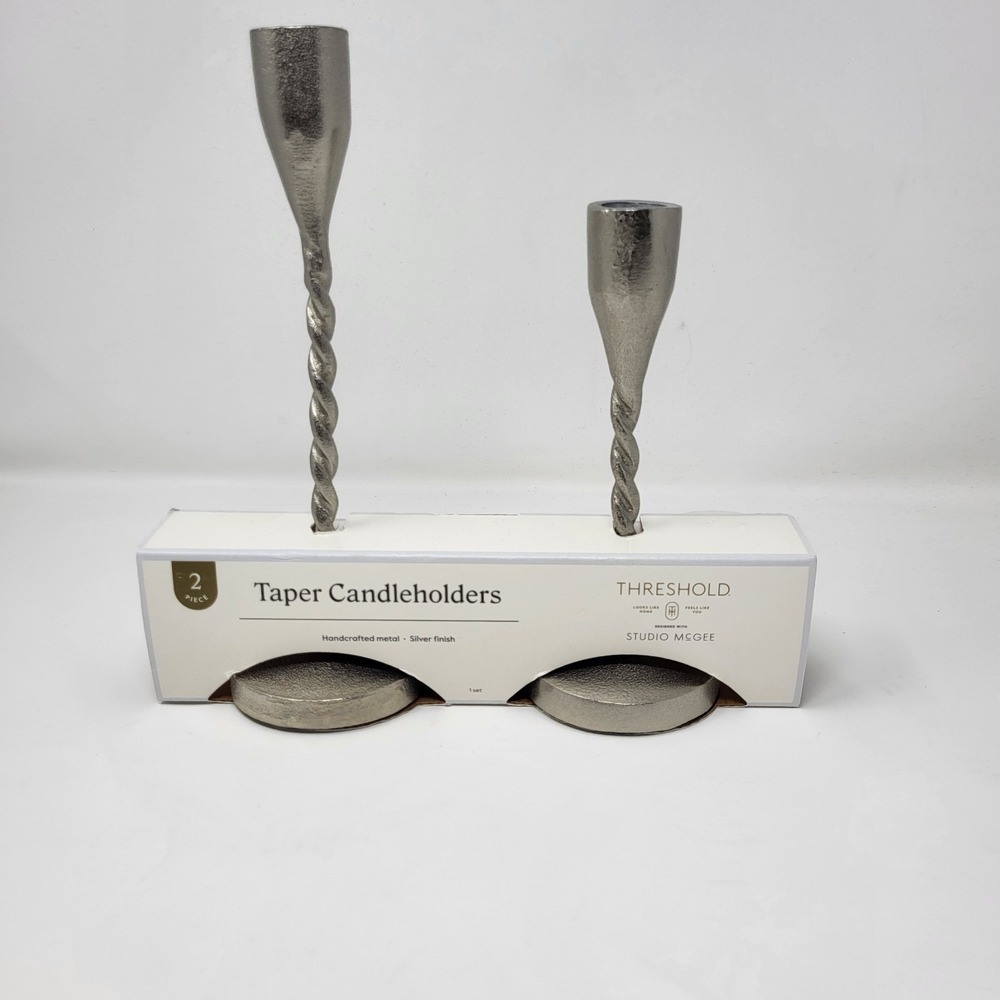 2 Tapered Candle Holders Silver Metal Swirl Decor Threshold
